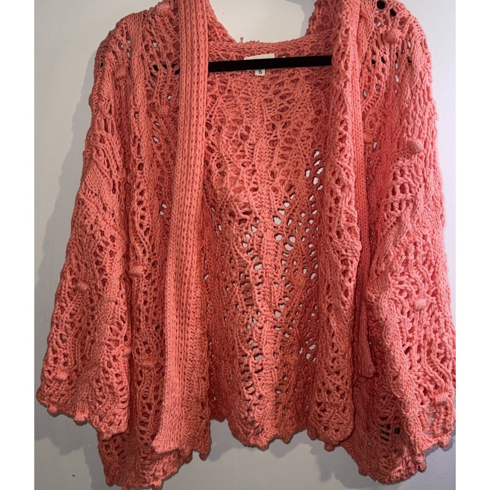 POL Sz S M L XL Peach Wavy Crochet Pom Pom Hooded Cardigan Oversized Boho